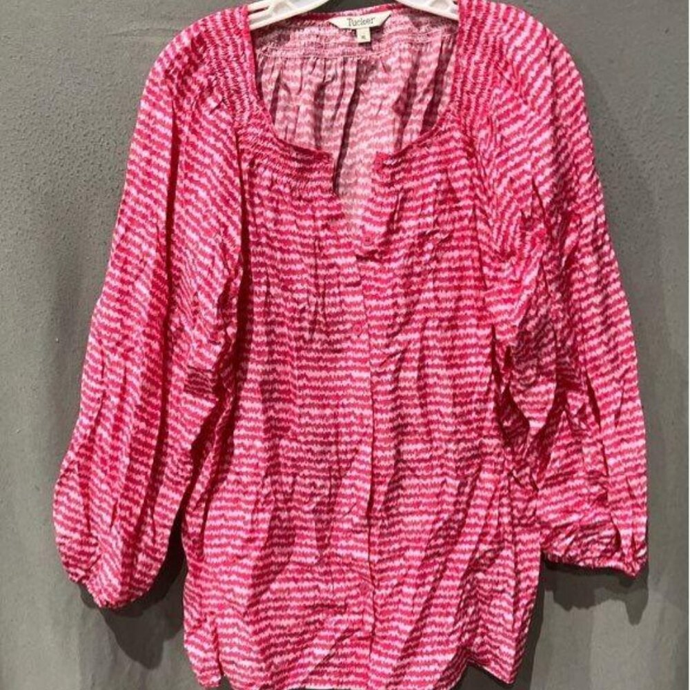 NWOT Tucker Blouse Classic Pink Silk/Cotton XL smocked Shirt Top retail $295